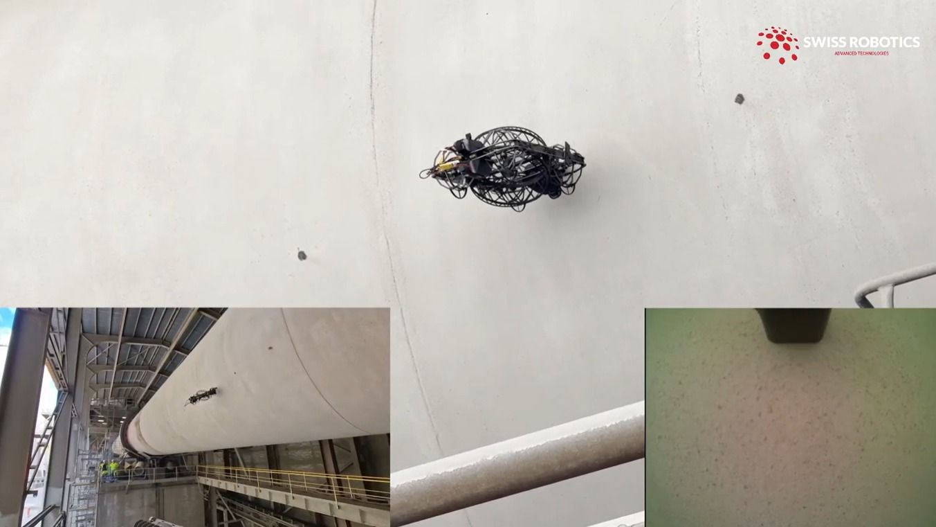 Swiss Robotics inspection drone in an industrial plant — field operation and onboard camera view